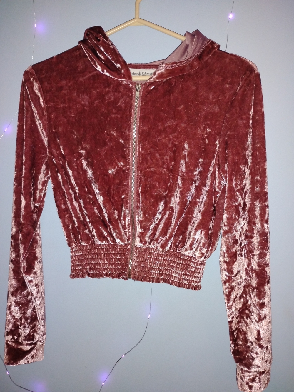 Crushed Velvet Zip Hoodie in Rosewood - Women's Cropped Sweatshirt